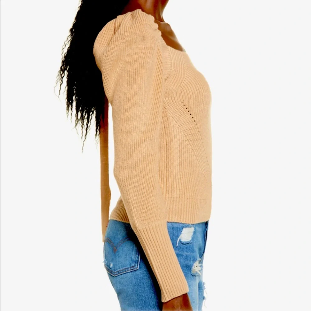 WAYF Leland Tie Back Puff Sleeve Sweater Camel M